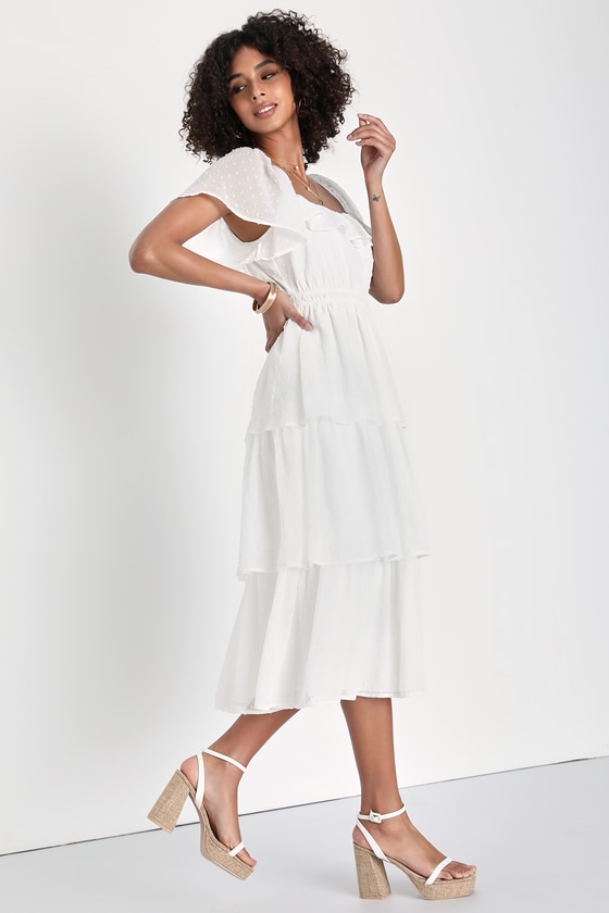 ◆Loulouseoul◆ Pearl Dot Dress Scarf Set Ivory Cute Ivory Dress - Flutter Sleeve Dress - Tiered Midi Dress