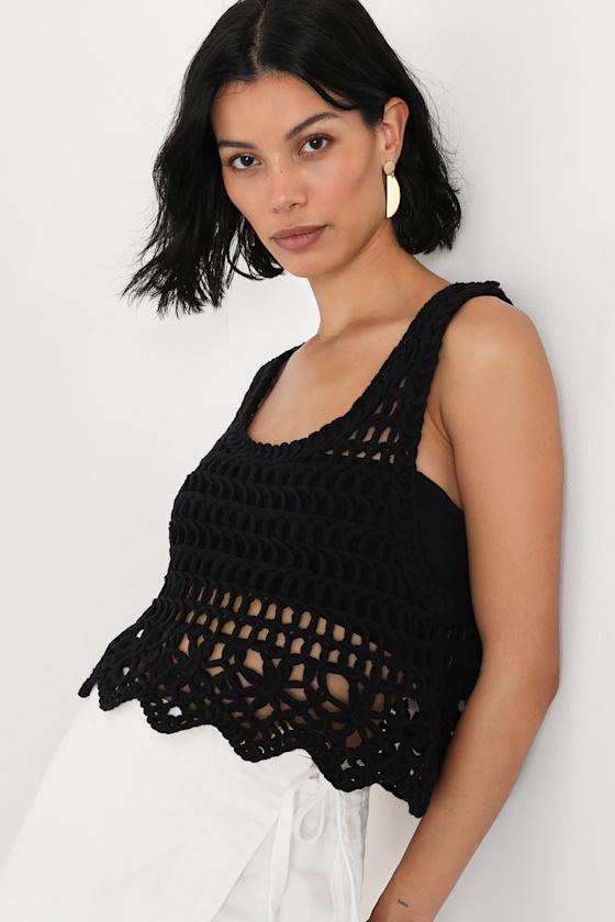 Black Crochet Tank Top Loose Knit Sweater Tank Cropped Tank Lulus
