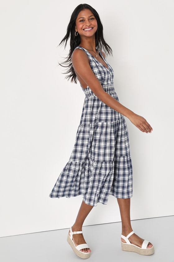 Lulus Surely Charmed Navy Blue Plaid Tiered Backless Midi Dress