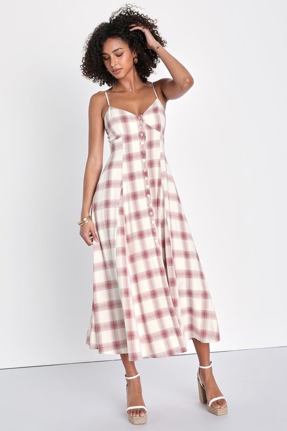Keep on Charming Ivory Red Plaid Button-Front Midi Dress