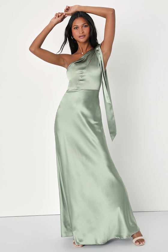 Plus Sage Bridesmaid Satin One Shoulder Flared Sleeve Maxi Dress main image 0