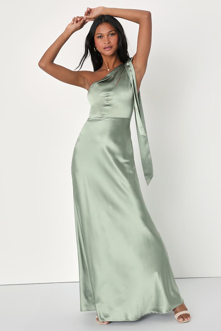 seven stories bridesmaid dresses One Shoulder Satin Ruched Bridesmaid Dress - Sage main image 1