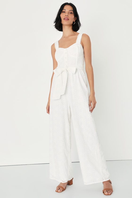 Lulus Sweetest Angel Ivory Eyelet Embroidered Tie-front Jumpsuit