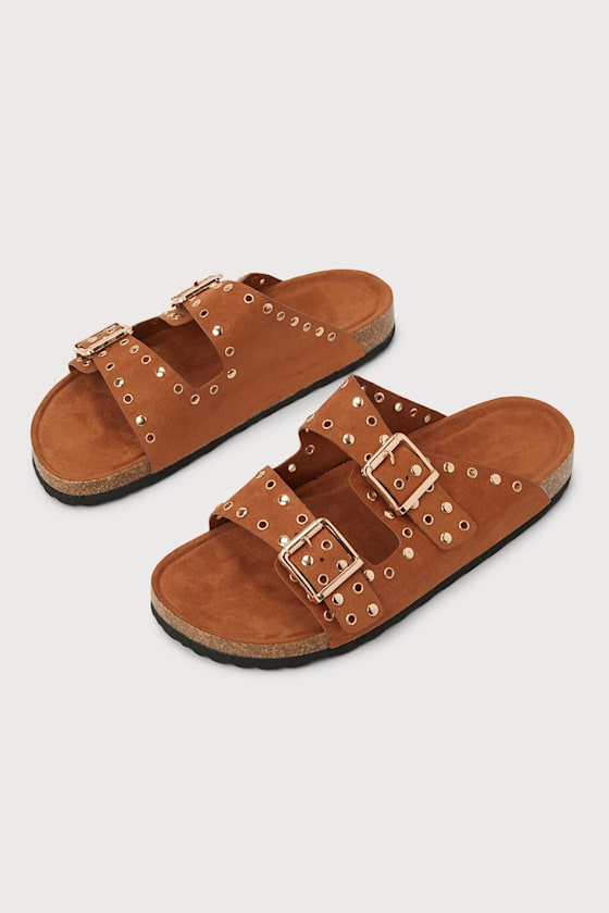 Charlese Brown Suede Studded Buckled Slide Sandals 4