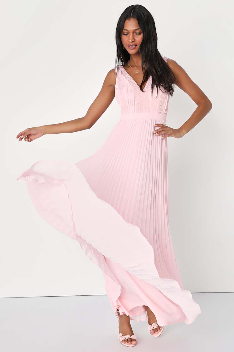 Beautiful Allure Light Pink Pleated Crochet Lace Maxi Dress