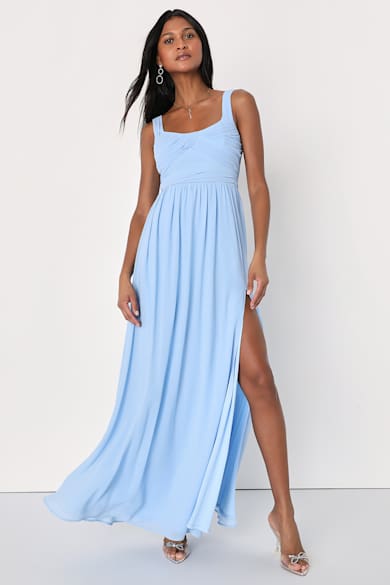 light blue glitter dress Blue Off Shoulders Flowy Chiffon Beach Wedding Dress