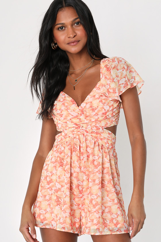 Lulus Always Flirtatious Orange Floral Print Lace-up Backless Romper