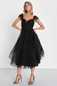 Flirtatious Feeling Black Tulle Flutter Sleeve A-Line Midi Dress