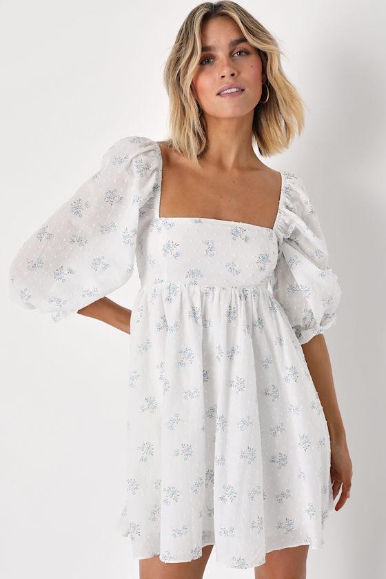 White Floral Mini Dress - White Babydoll Dress - Skater