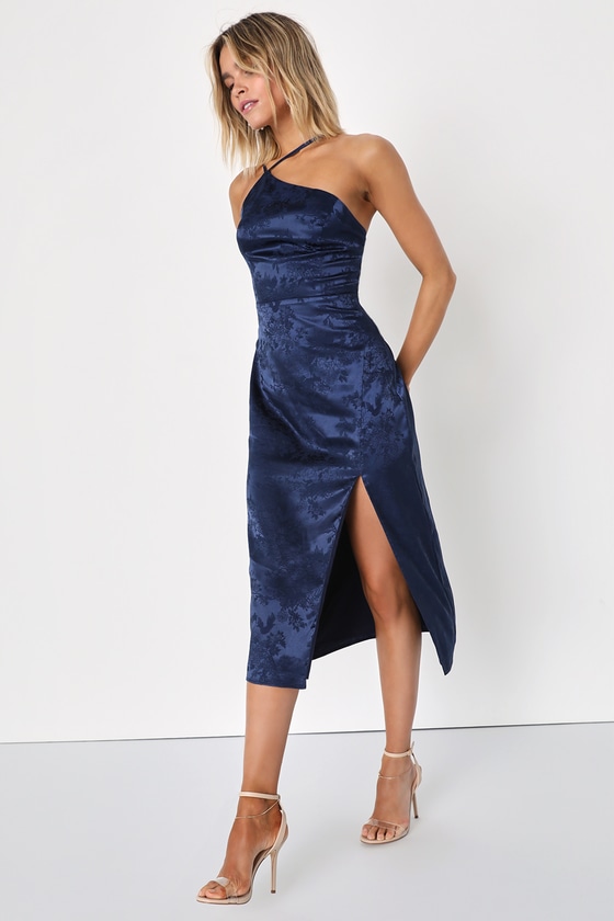 Desirable Dream Navy Blue Satin Jacquard Midi Dress