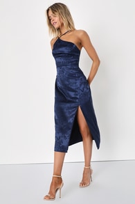 Desirable Dream Navy Blue Satin Jacquard Halter Neck Midi Dress