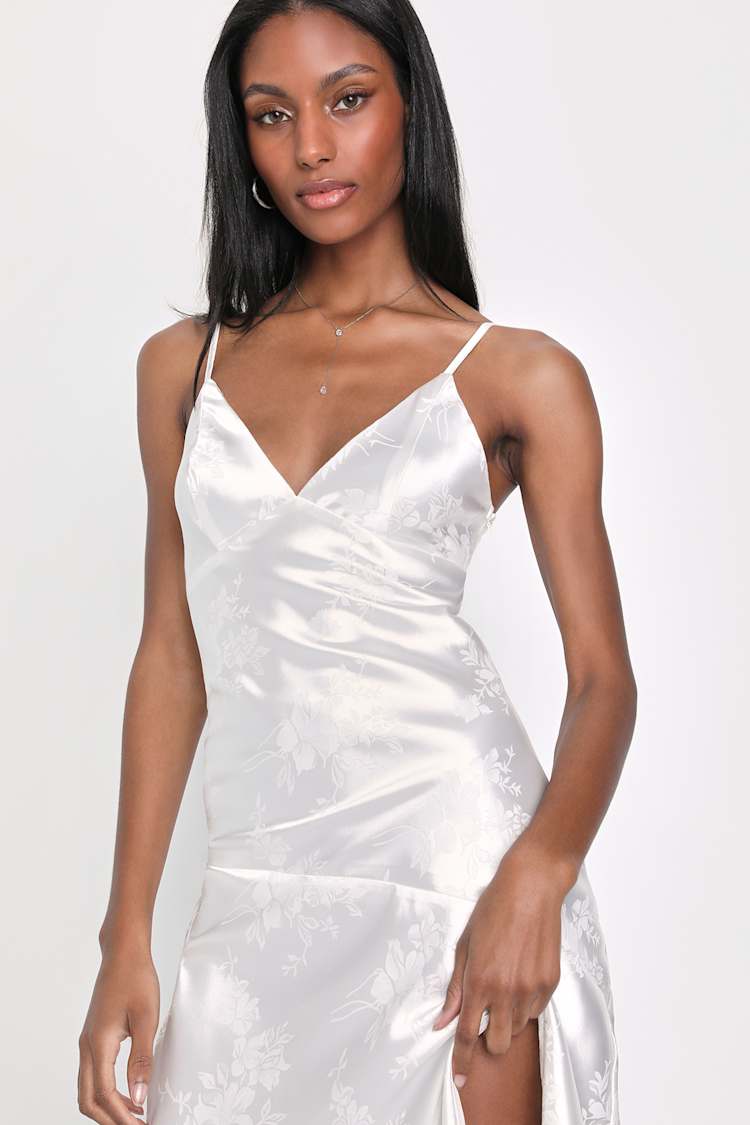 knee length dresses for ladies Gastari Midi Dress in Satin Jacquard White main image 1