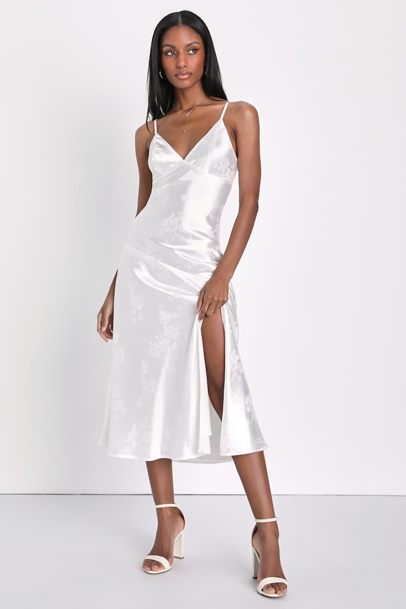 satin jacquard midi shift dress Glamorous asymmetric strap midi shift dress in green jacquard