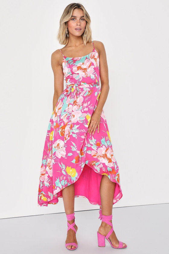 Pink Floral Print Dress - Faux-Wrap Dress - One-Shoulder Dress - Lulus