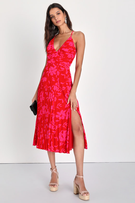 Lulus Vibrant Moment Red And Pink Floral Pleated Lace-up Midi Dress