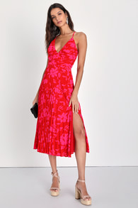 Vibrant Moment Red and Pink Floral Pleated Lace-Up Midi Dress