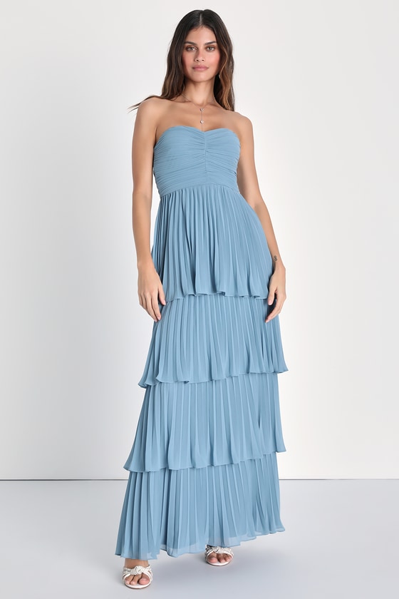 Seriously Sensational Blue Pleated Strapless Tiered Maxi Dress
