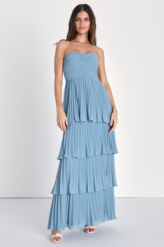 Lulus Seriously Sensational Blue Pleated Strapless Tiered Maxi Dress