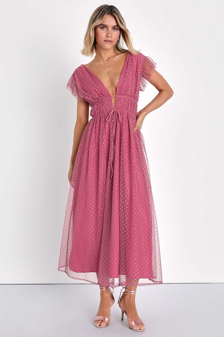 Mauve Midi Dress - Mesh Swiss Dot Dress - Ruffled Midi Dress - Lulus