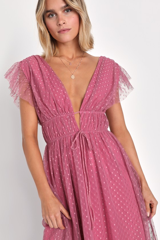 【海外輸入】 Mauve Midi Dress - Mesh Swiss Dot Dress - Ruffled Midi Dress ワンピース