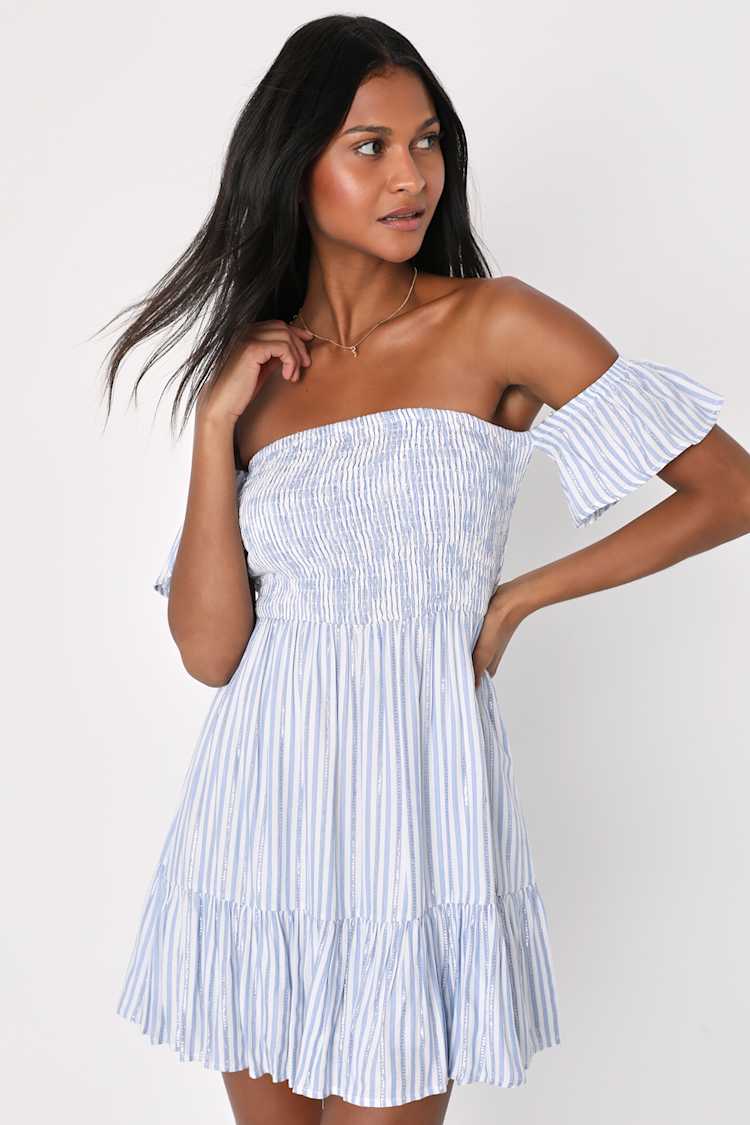Blue Striped Dress - Smocked Mini Dress - Off-The-Shoulder Dress - Lulus