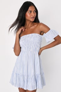 Darling Romantic Blue Striped Smocked Off-the-Shoulder Dress