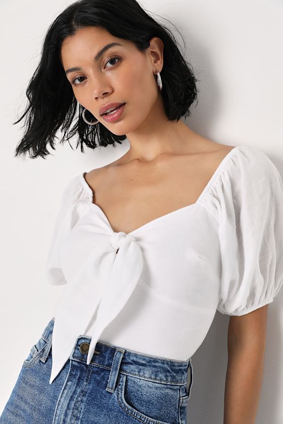 Endless Aesthetic White Tie-Front Puff Sleeve Crop Top 4