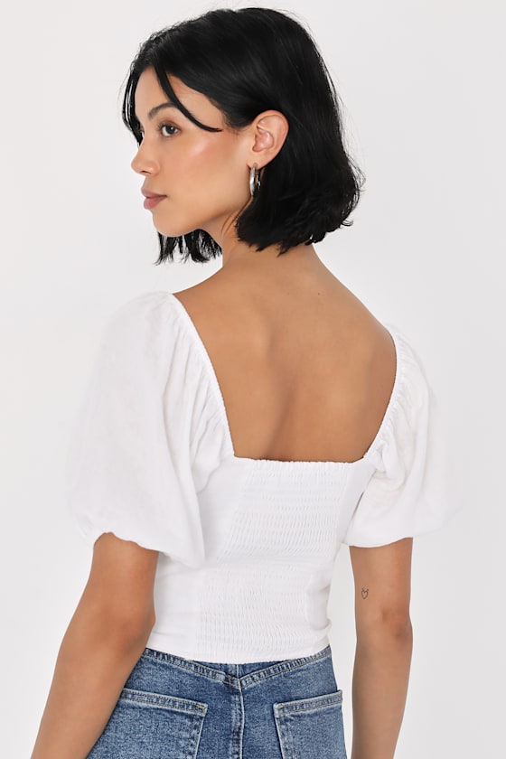 Endless Aesthetic White Tie-Front Puff Sleeve Crop Top 3