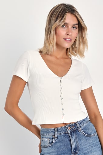 My Everyday Best Ivory Ribbed Short Sleeve Button-Front Top
