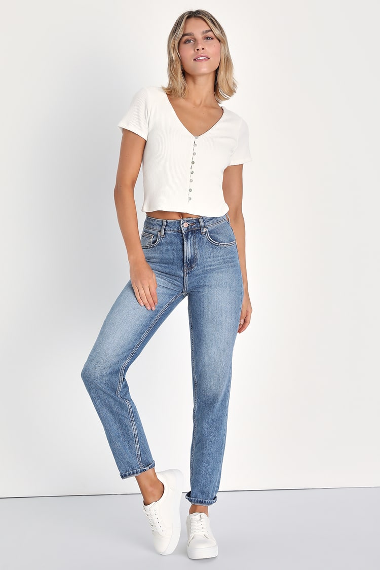 My Everyday Best Ivory Ribbed Short Sleeve Button-Front Top