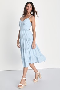 Freest Feelings Light Blue Plaid Tiered Tie-Back Midi Dress