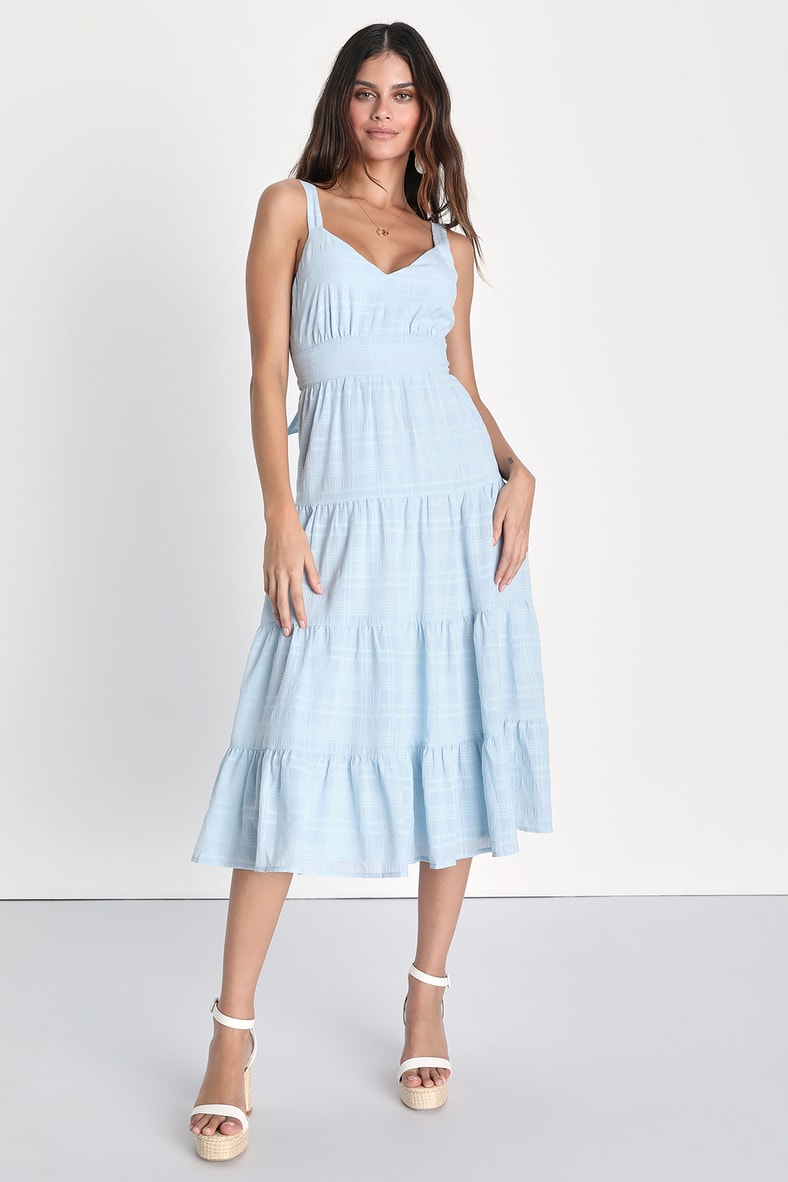 Freest Feelings Light Blue Plaid Tiered Tie-Back Midi Dress