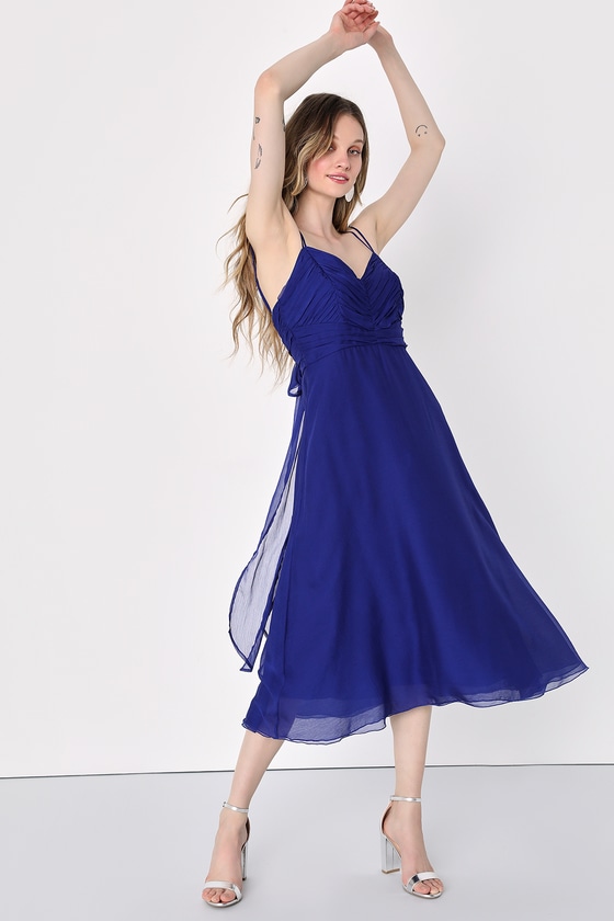 Lulus Gorgeous Celebrations Navy Blue Pleated Chiffon Midi Dress