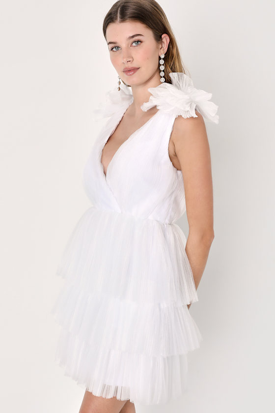 Dramatic Arrival White Tulle Tiered Surplice Mini Dress 1