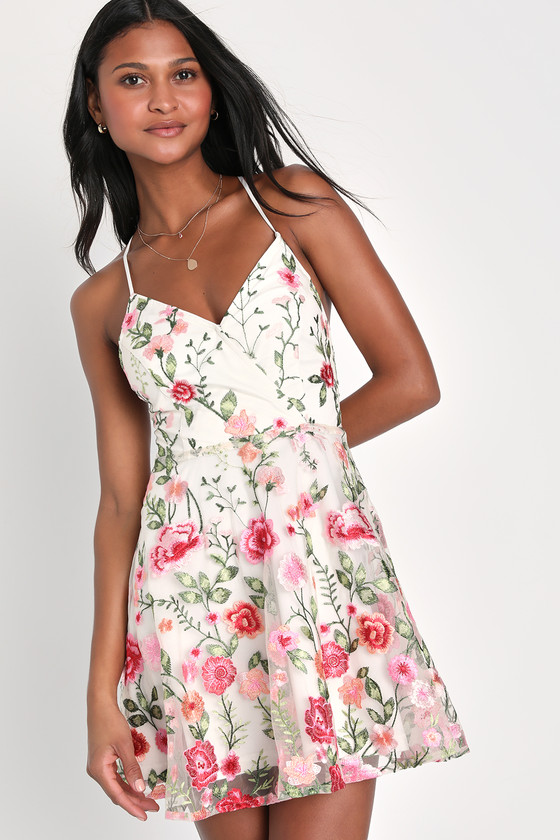 White Floral Mini Dress - Floral Embroidered Dress - Skater Dress - Lulus