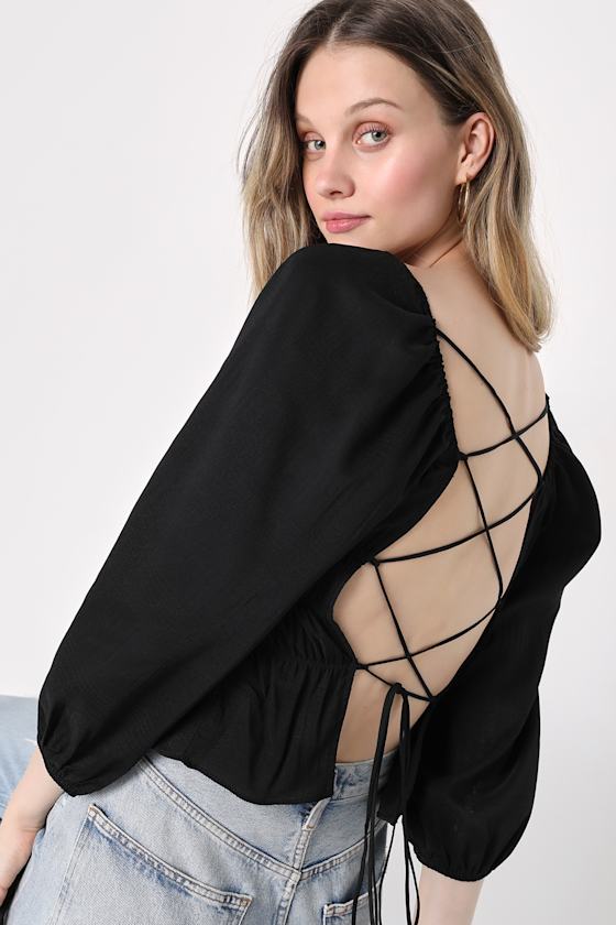 Petite Cherie Puff Sleeve Lace-Up Back Crop Top Floral Embroidered Black