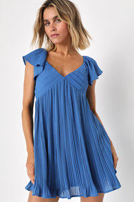 Amalfi Coast Royal Blue Pleated Flutter Sleeve Mini Dress