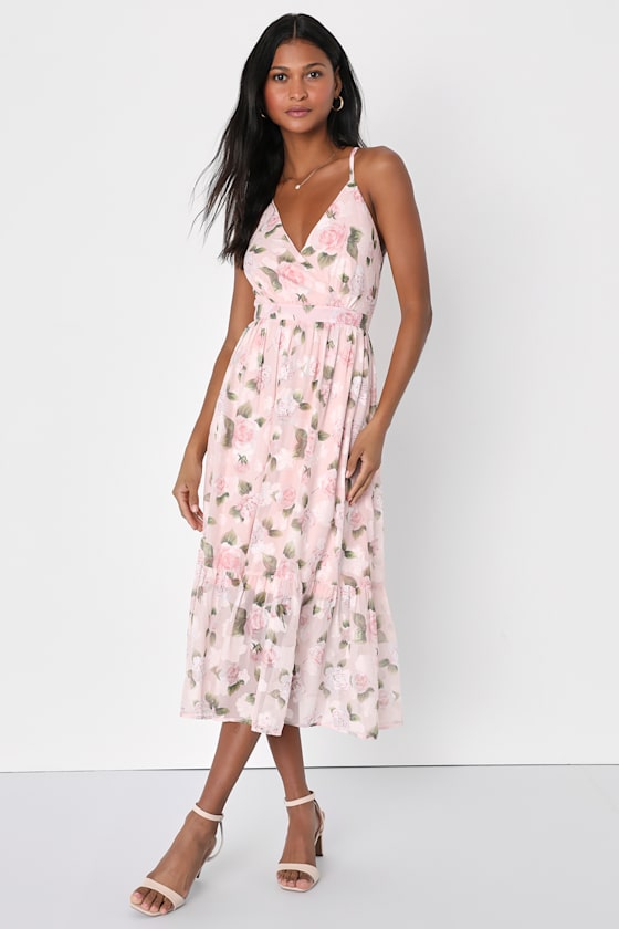 Women’s Blush Pink Poly Silk V-Neck Kaftan Midi Dress
