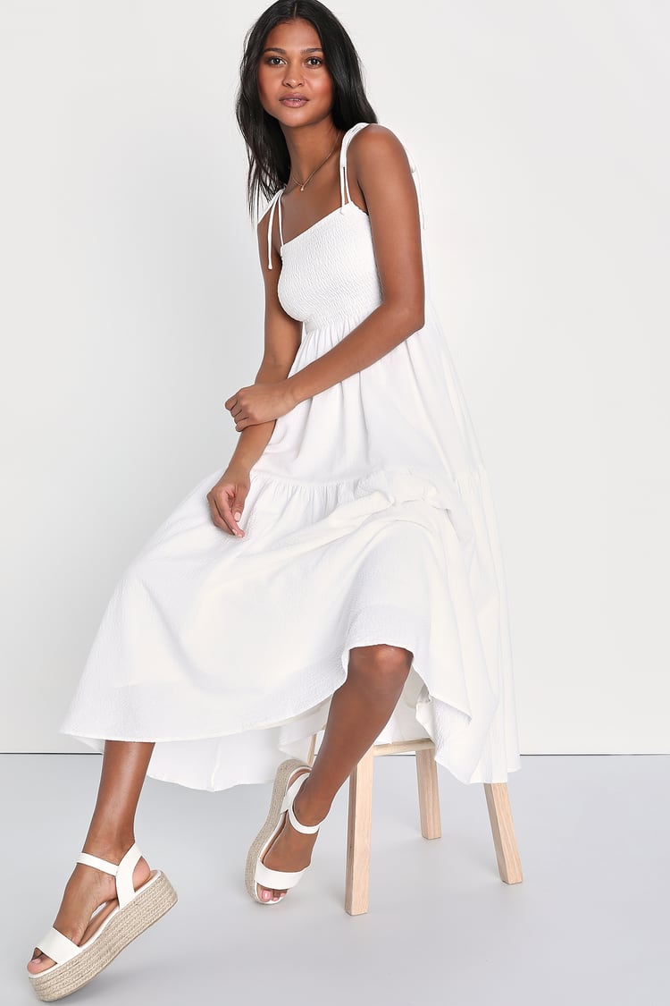 White Tie-Strap Dress - Midi Dress With Pockets - Smocked Dress