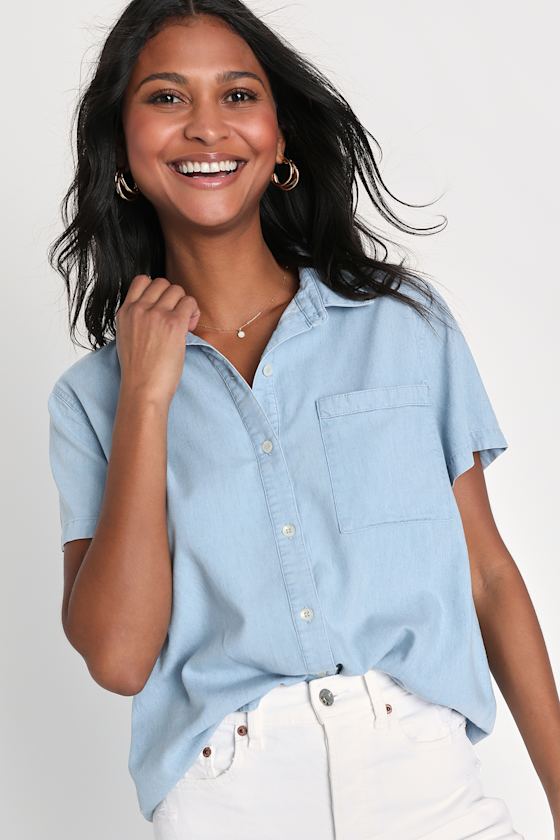 Light Wash Chambray Top Short Sleeve ButtonUp Chambray Shirt Lulus