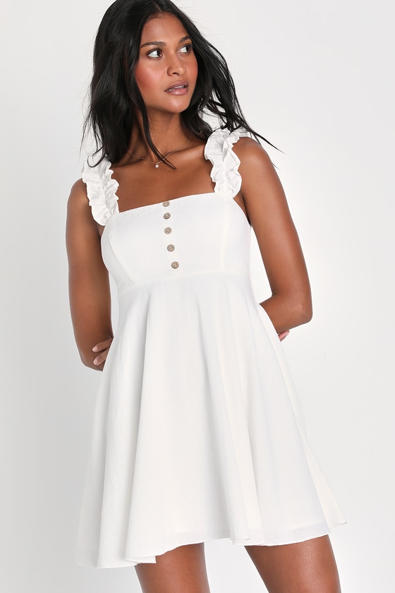 Lulus Simply Dainty White Ruffled Button-front Mini Dress With Pockets