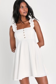 Simply Dainty White Ruffled Button-Front Mini Dress With Pockets