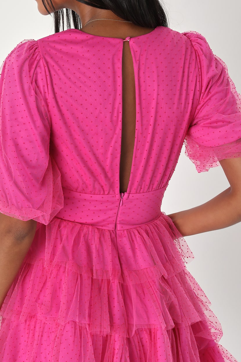 Dramatic Poise Hot Pink Dot Tulle Puff Sleeve Tiered Mini Dress