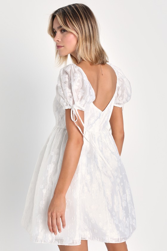 White Floral Babydoll Dress - Puff Sleeve Mini Dress - Cute