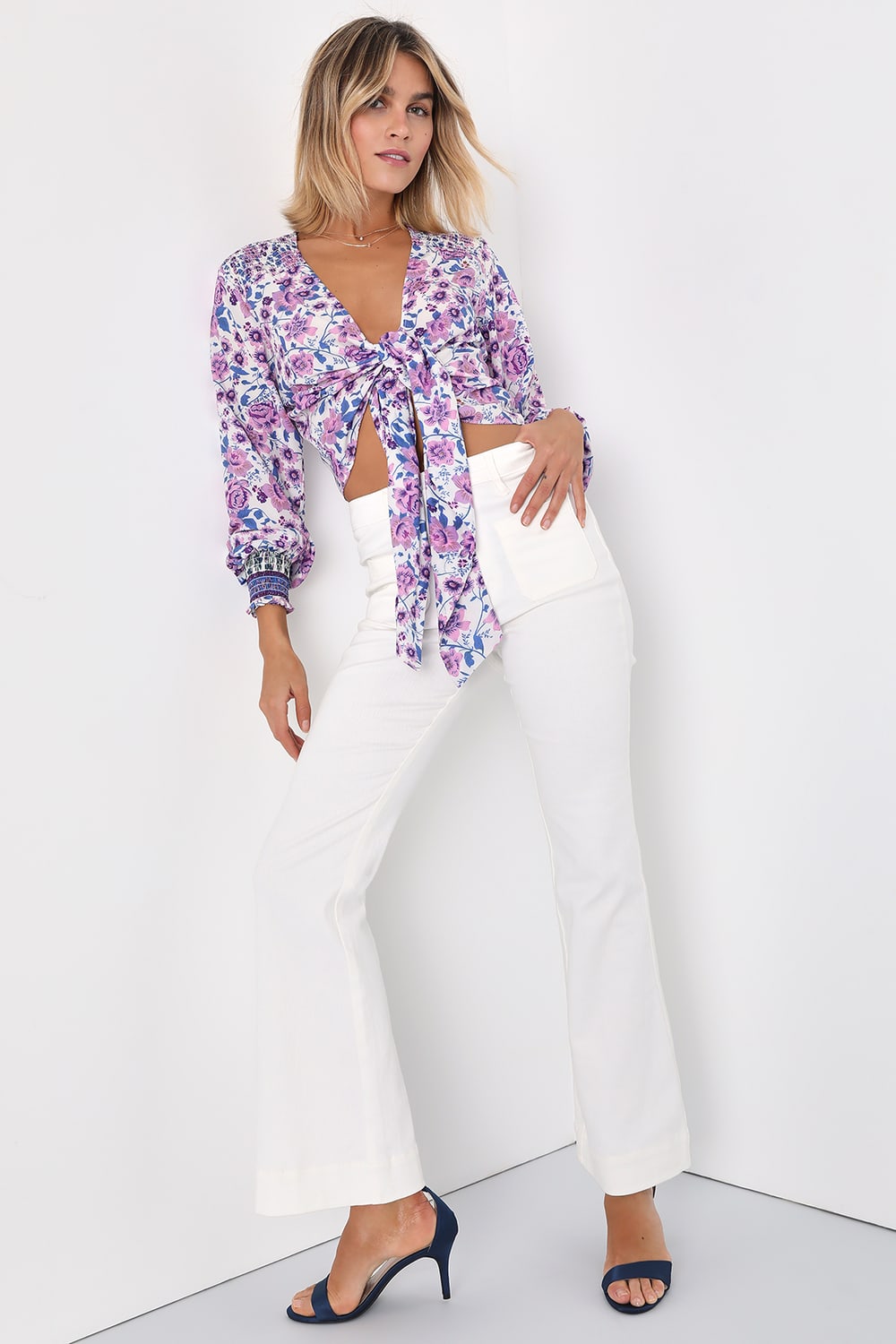 Blooming With Style Ivory Floral Tie-Front Long Sleeve Crop Top