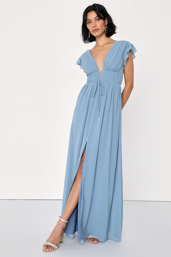 Boho Slate Blue Maxi Dress - Chiffon Maxi Dress - Ruffled Maxi - Lulus