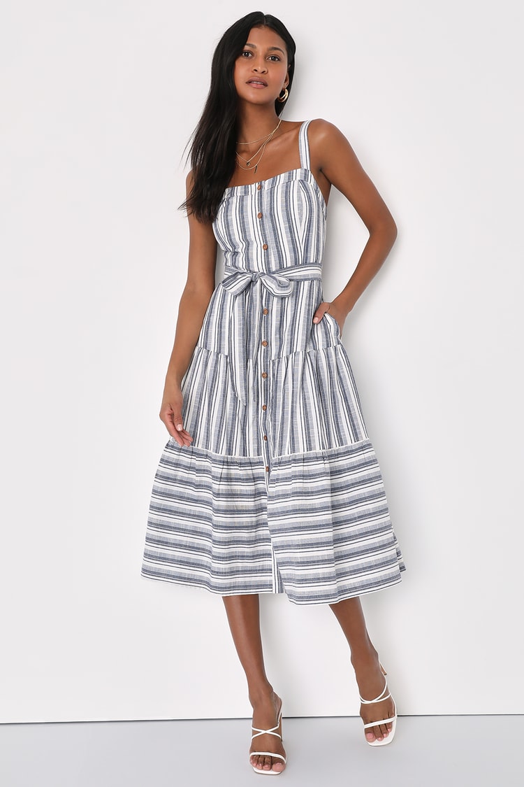 Montauk Memories Blue and White Striped Midi Dress With Pockets