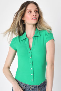 Easygoing Allure Green Collared Button-Up Cutout Bodysuit