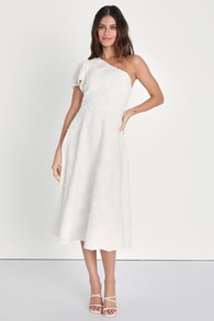 Confidently Yours White Textured One-Shoulder Midi Dress