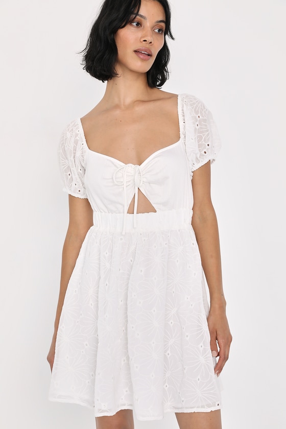 White Floral Mini Dress - Embroidered Dress - Puff Sleeve Dress - Lulus